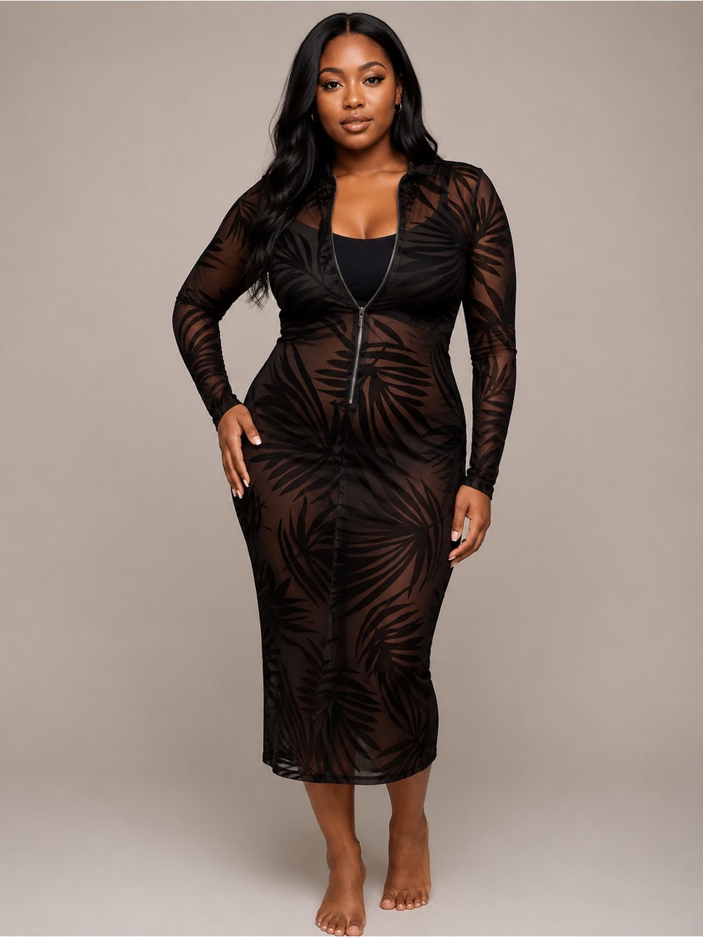 Black Sheer Palm-Print Zip Front Mesh Midi Dress